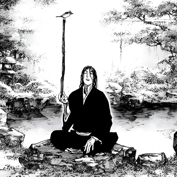 Ink drawing: a swordsman seated in a winter garden